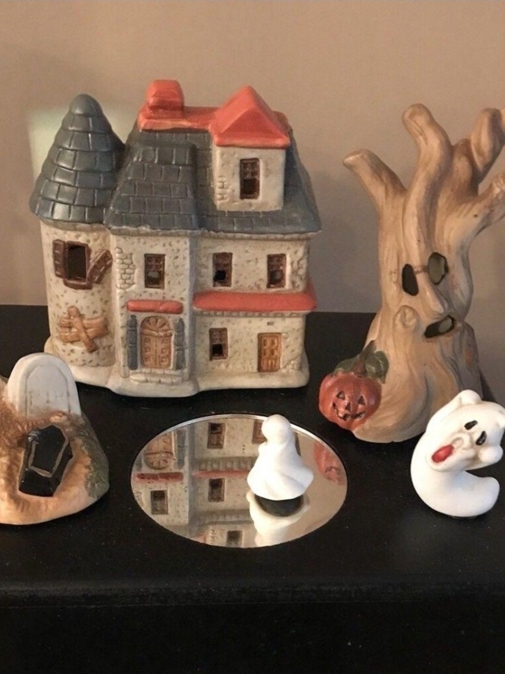 Halloween Ceramic Haunted House Accent - Gray and Orange